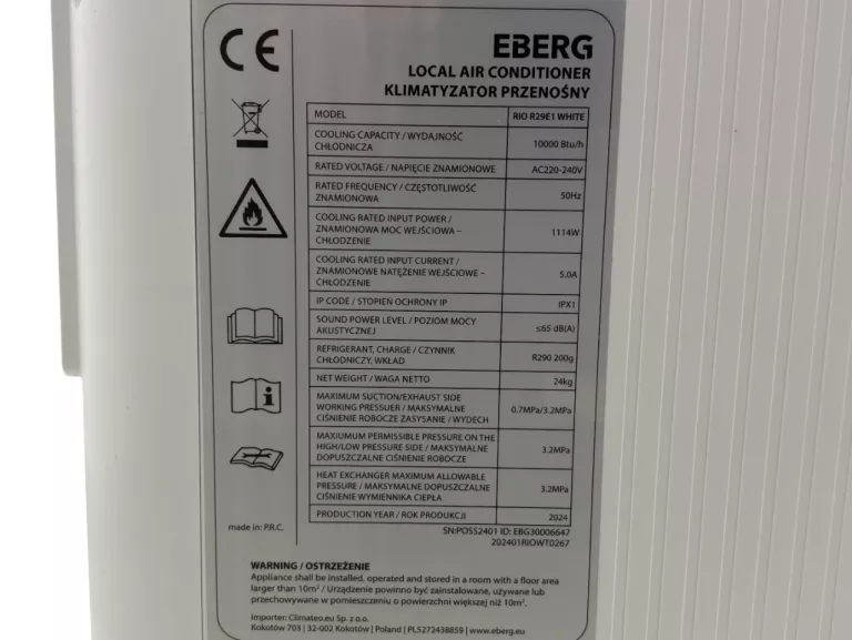 KLIMATYZATOR PRZENOŚNY RIO EBERG 3KW 220-240V 65DB WIFI - GW.04.2026R!