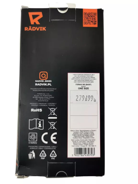 LAMPKA ROWEROWA OŚWIETLENIE LAMPA RADVIK FORNAX 900