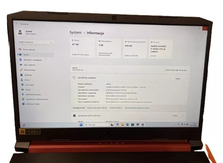 LAPTOP ACER NITRO 5 AN515-54 I5-9300H GTX1050 8GB RAM 512GB SSD W11H