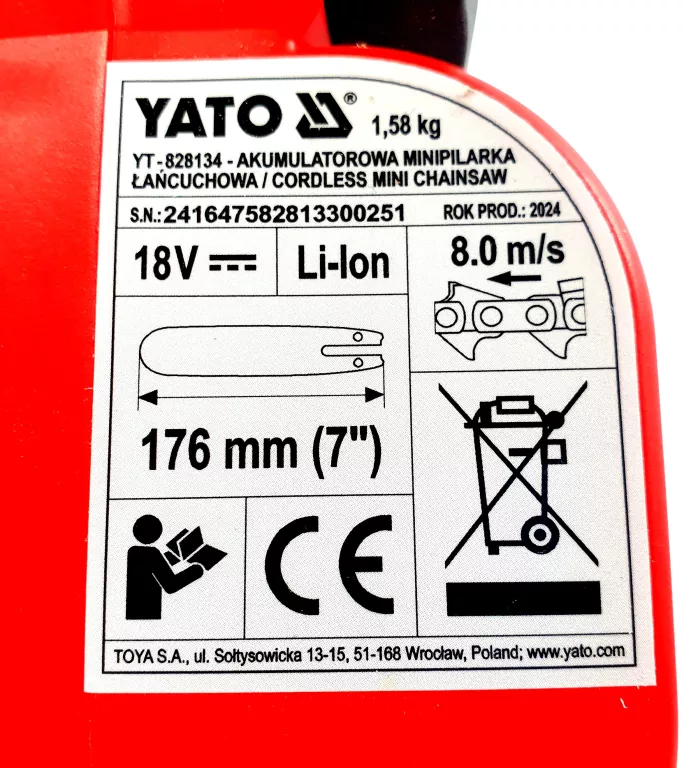 YATO PIŁA PILARKA ŁAŃCUCHOWA 7" AKUMULATOROWA 18V BEZSZCZOTKOWA YT-828134