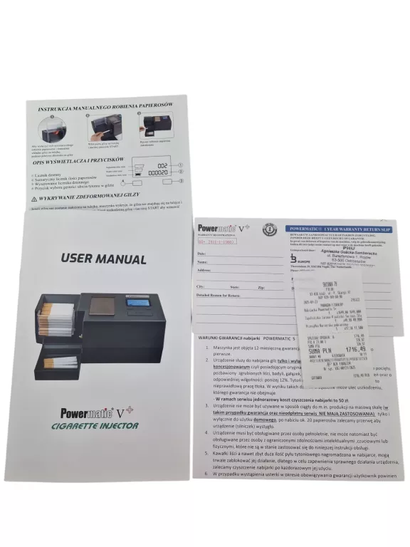 NABIJARKA TŁOKOWA AUTOMATYCZNA Z PODAJNIKIEM DO PAPIEROSÓW POWERMATIC 5+ V