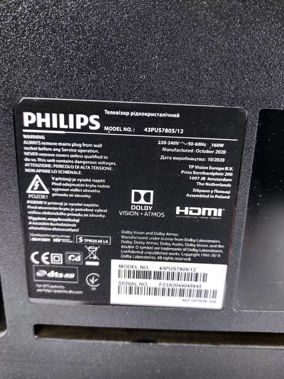 TELEWIZOR LED PHILIPS 43PUS7805/12 43" 4K