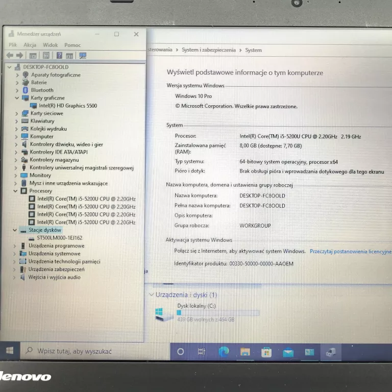 LAPTOP LENOVO THINKPAD T540 INTEL I5-522U CPU 2,2GHZ 500/8GB + ZASILACZ