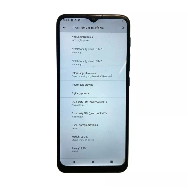 SMARTFON MOTOROLA MOTO E7 POWER 4 GB / 64 GB 4G (LTE) NA CZĘŚĆI