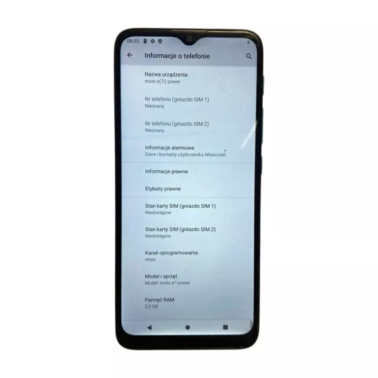 SMARTFON MOTOROLA MOTO E7 POWER 4 GB / 64 GB 4G (LTE) NA CZĘŚĆI