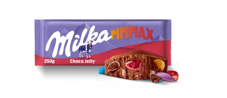 MILKA MMMAX CZEKOLADA MLECZNA CHOCO JELLY 250 G Z CUKIERKAMI STRZELAJĄCYMI