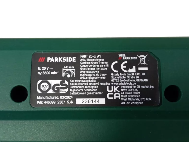 AKUMULATOROWA PODKASZARKA PARKSIDE PART 20-LI A1 20V + AKU 2.0AH