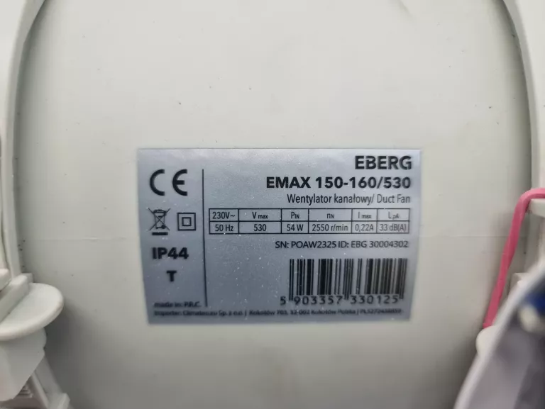 WENTYLATOR KANAŁOWY WYCIĄGOWY EBERG EMAX 150
