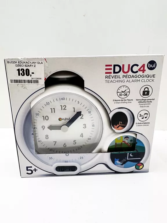 BUDZIK EDUKACYJNY DLA DZIECI SZARY Z OBRAZKIEM DZIEŃ NOC