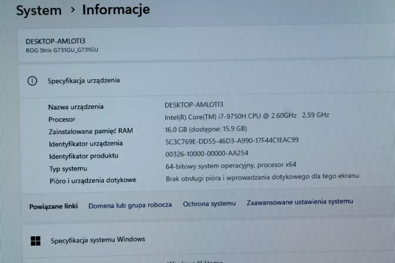 LAPTOP ASUS ROG STRIX G731GU ŁADOWARKA