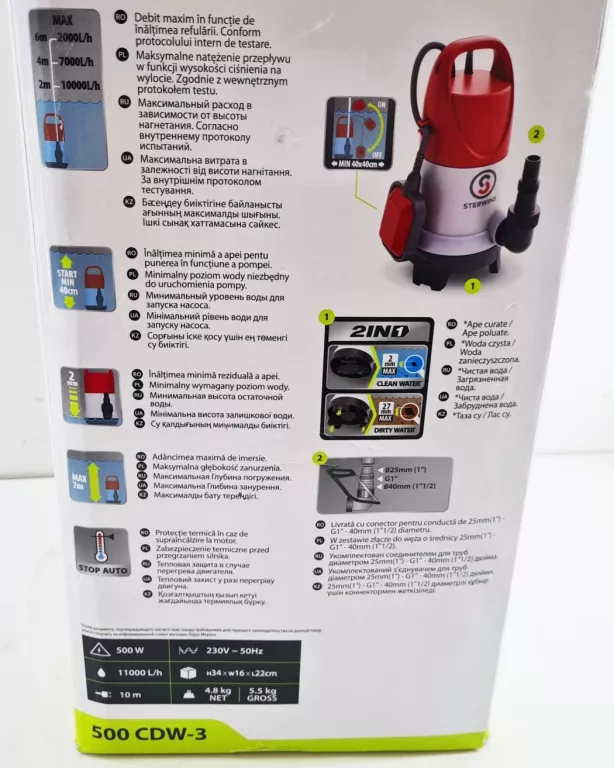 POMPA ODWADNIAJĄCA DO WODY CZYSTEJ I BRUDNEJ STERWINS 11000L/H 500W