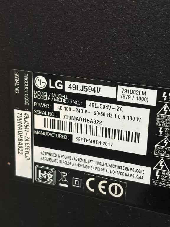 TELEWIZOR LG 49LJ594V // 49 CALI // FHD // SMART TV // 60 HZ // LED