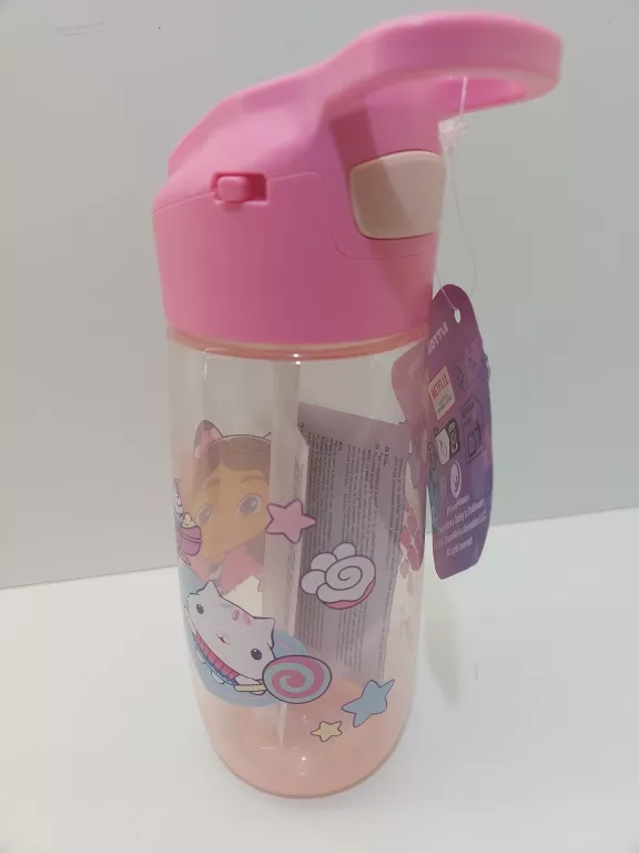 BIDON BUTELKA Z UCHWYTEM I SŁOMKĄ NA WODĘ KOCI DOMEK GABI 500 ML DO SZKOŁY