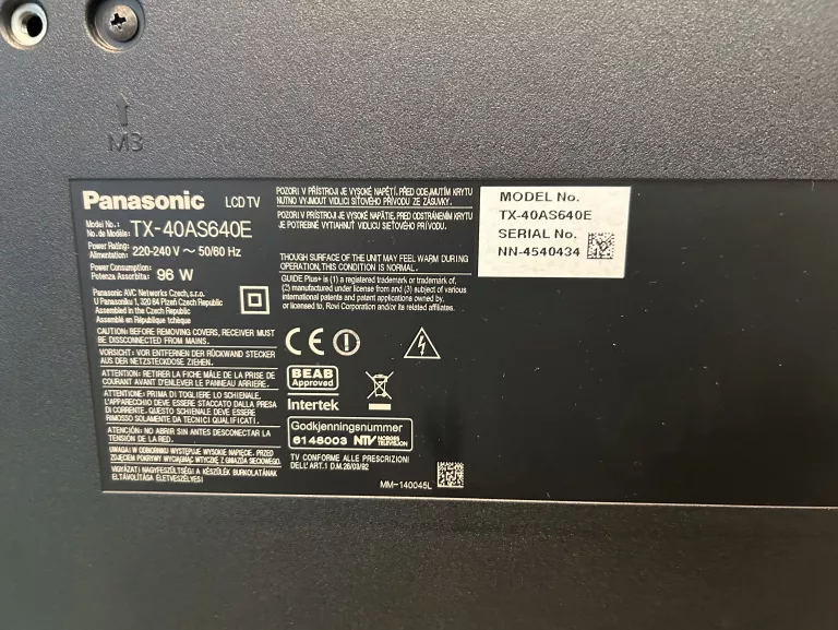 TELEWIZOR PANASONIC TX40AS640E 40" FULL HD BEZ PILOTA