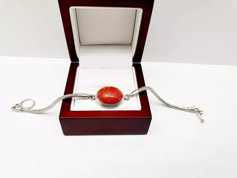 ELEGANCKA CUDOWNA SREBRNA BRANSOLETKA Z CZERWONYM OCZKIEM P925 11,48G 17CM