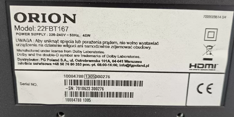TELEWIZOR ORION TV22FBT167 22" FULL HD + PILOT