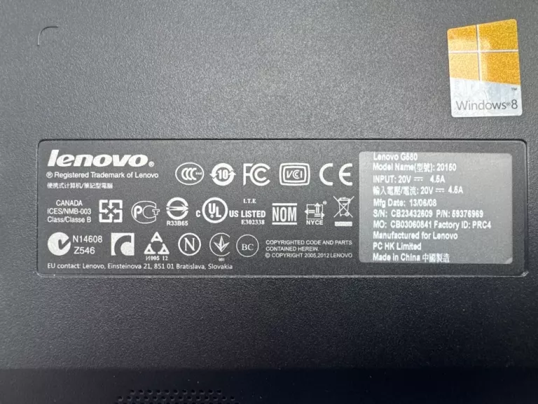 LAPTOP LENOVO G580 20150 /INTEL PENTIUM B960/4 GB RAM/1000 GB HDD/WIN 10
