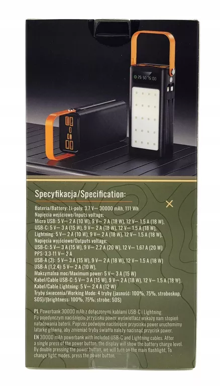 POWERBANK 30000MAH WILDTREK LATARKA 4 TRYBY 4 X USB