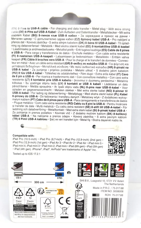 KABEL USB IPHONE SOLOGIC 3M SZARY