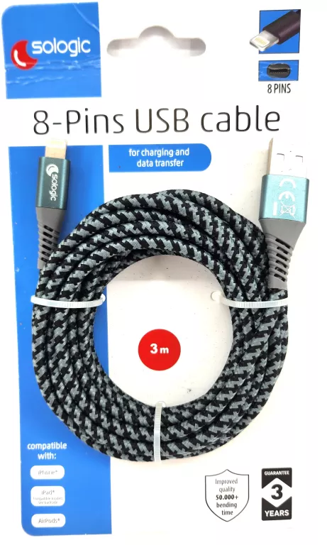 KABEL USB IPHONE SOLOGIC 3M SZARY