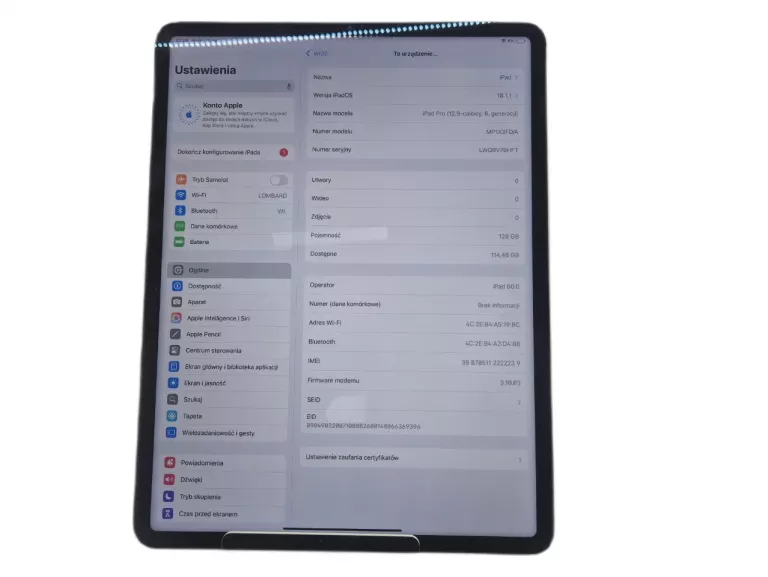 TABLET APPLE IPAD PRO 12,9 6 GENERACJI 128GB