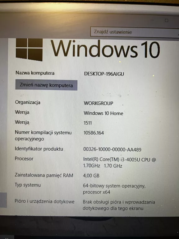 LAPTOP ACER Z5WAH WIN10/4GB RAM/I3/1TB HDD + ZASILACZ