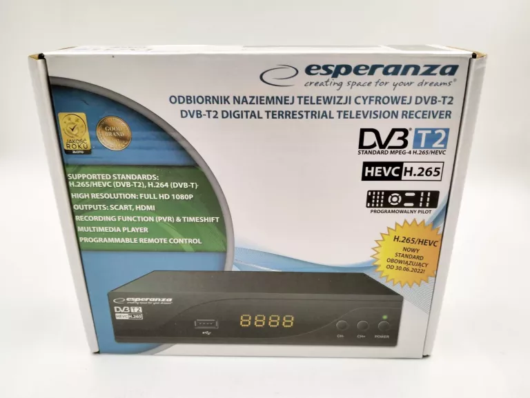 DEKODER TUNER TV DVB-T2 ESPERANZA EV105P KOMPLET - JAK NOWY !