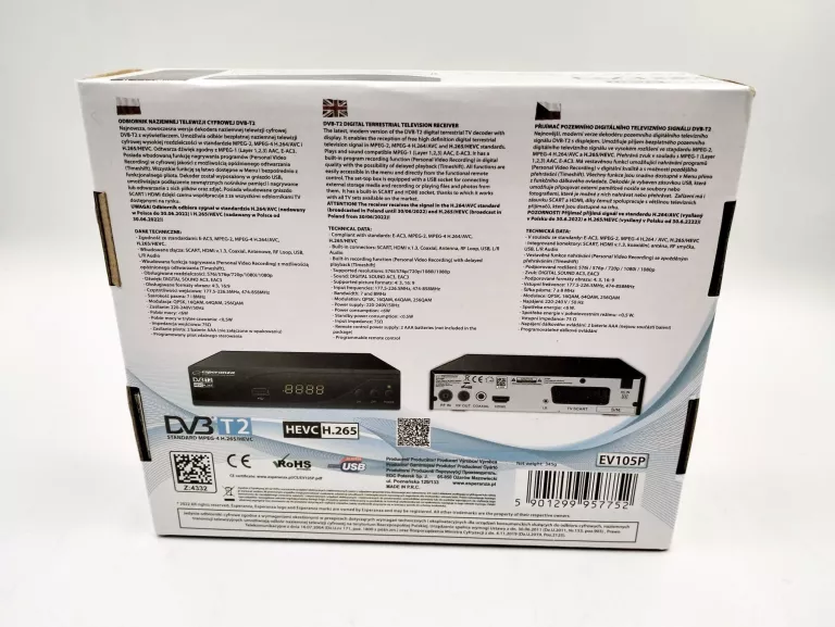 DEKODER TUNER TV DVB-T2 ESPERANZA EV105P KOMPLET - JAK NOWY !