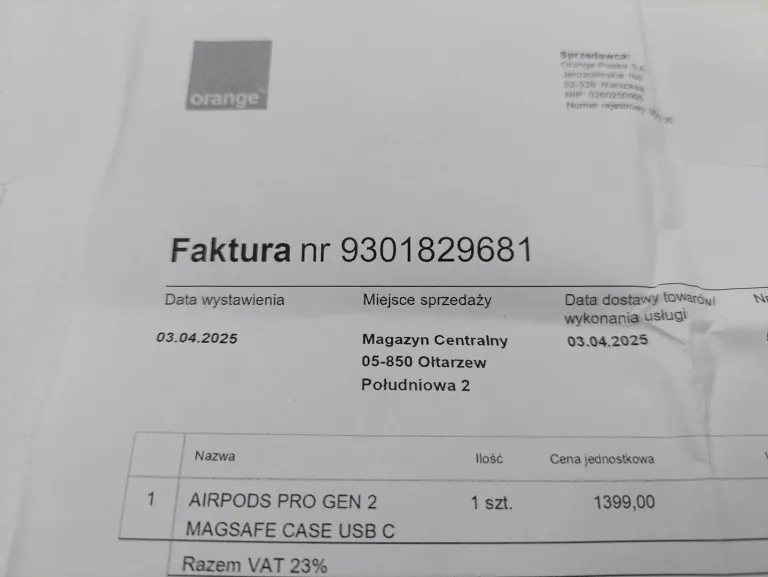 SŁUCHAWKI APPLE AIRPODS PRO 2ND GENERATION ZALOMBOWANE GWARANACJA 03.04.25