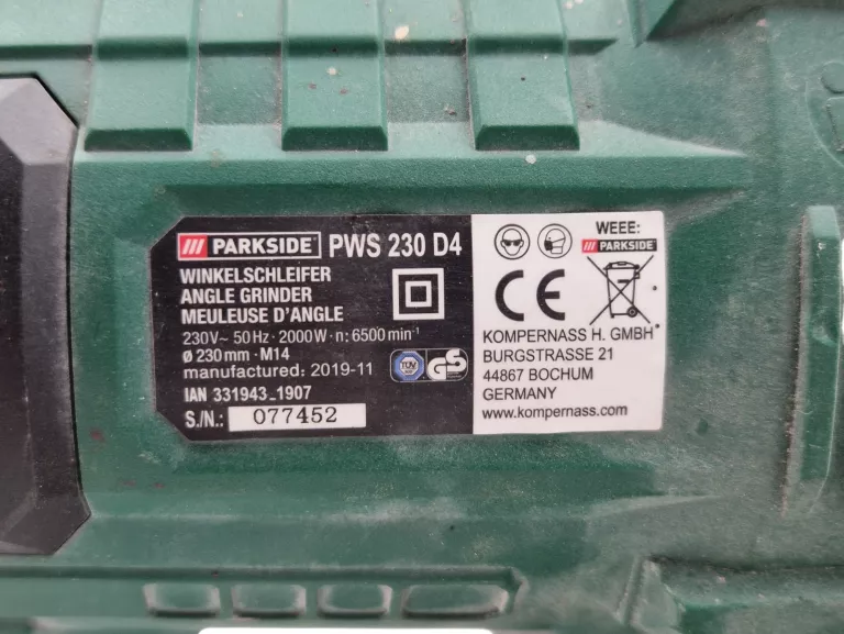 SZLIFIERKA KĄTOWA PARKSIDE PWS 230 D4 230MM 2000W