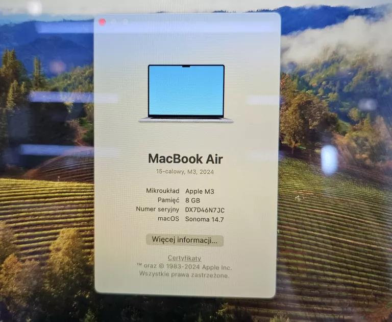LAPTOP MACBOOK AIR 15" M3 2024 8/256GB A3114 + PUDEŁKO, KABEL