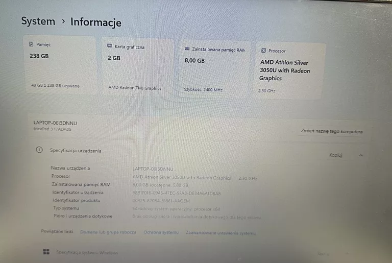 LAPTOP LENOVO IDEAPAD 3 17ADA05 256GB/8GB/WIN11H!