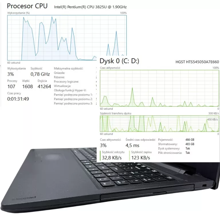 LAPTOP LENOVO IDEAPAD 100-15IBD / 4/500GB / CPU 3825U / BRAK ŁADOWARKI