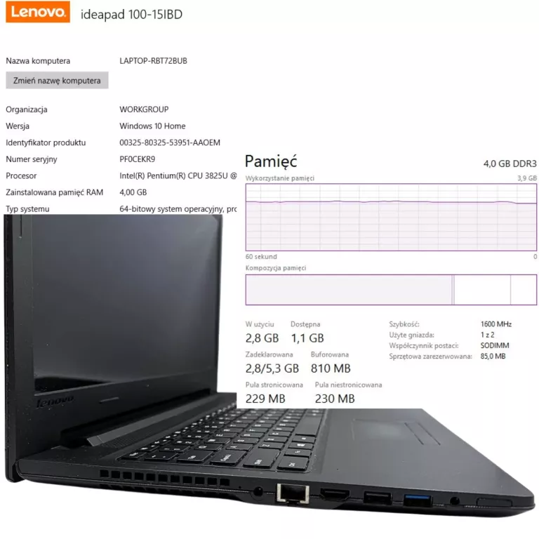 LAPTOP LENOVO IDEAPAD 100-15IBD / 4/500GB / CPU 3825U / BRAK ŁADOWARKI