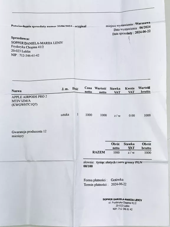 SŁUCHAWKI APPLE AIRPODS PRO 2 GEN MAGSAFE MTJV3ZM/A