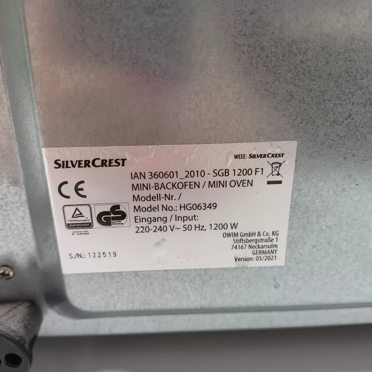 MINI PIEKARNIK ELEKTRYCZNY Z FUNKCJĄ GRILLA SILVERCREST SGB 1200 F1