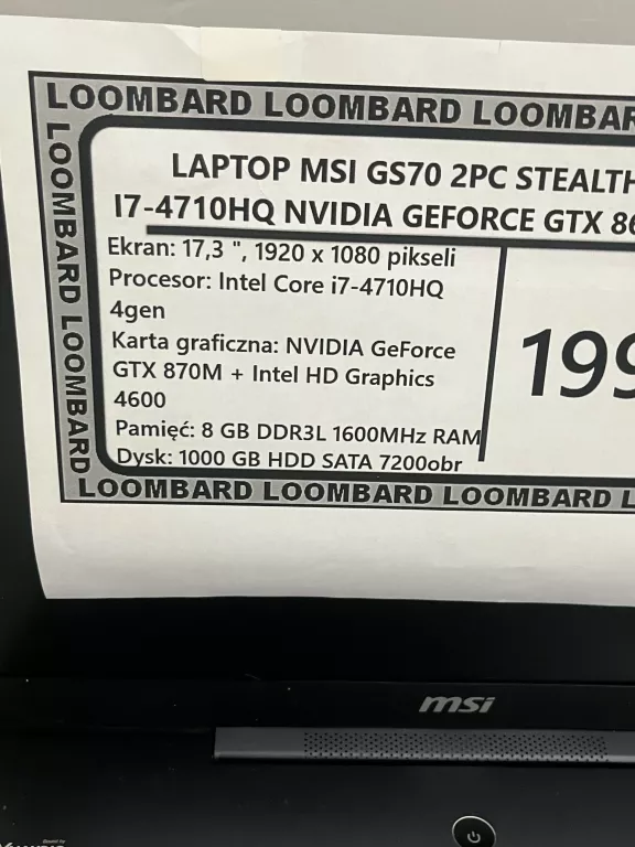 LAPTOP MSI GS70 2PC STEALTH INTEL I7-4710HQ NVIDIA GEFORCE GTX 860M 8/1TB