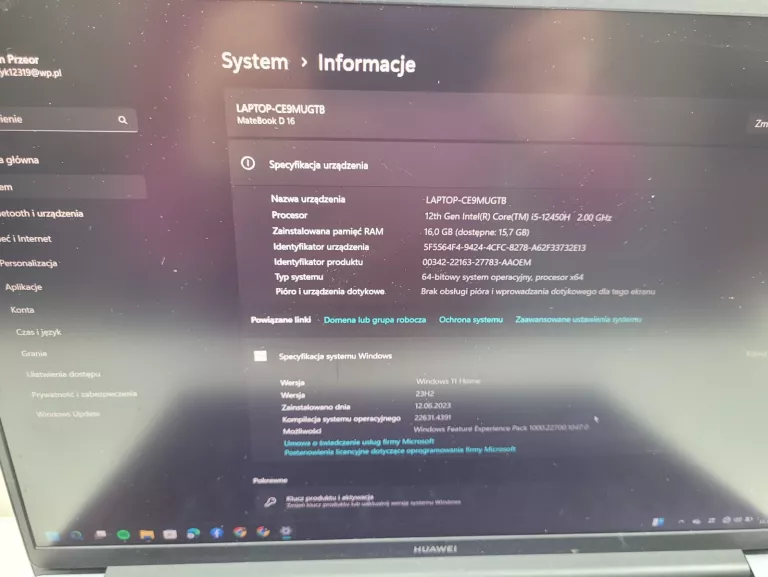 LAPTOP HUAWEI MATEBOOK D16 16" I5-12450H 16/512GB SSD
