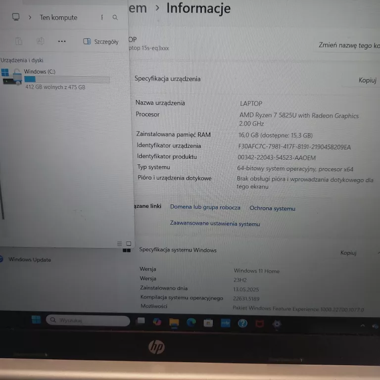LAPTOP HP 15S-EQ3204NW RYZEN 5 16GB RAM