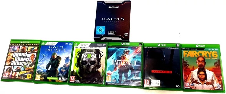 ZESTAW 7 GIER XBOX SERIES X/ONE HITMAN 3 CALL OF DUTY MW 2 HALO 5 HALO INF