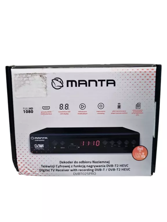 TUNER DEKODER MANTA DVBT025PRO DVBT2 DVBT 2 TV NAZIEMNEJ HEVC H.265
