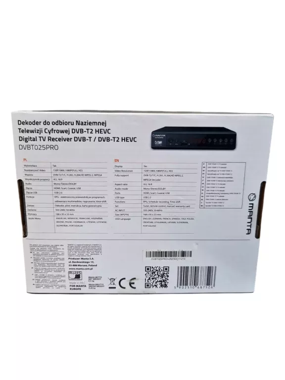 TUNER DEKODER MANTA DVBT025PRO DVBT2 DVBT 2 TV NAZIEMNEJ HEVC H.265