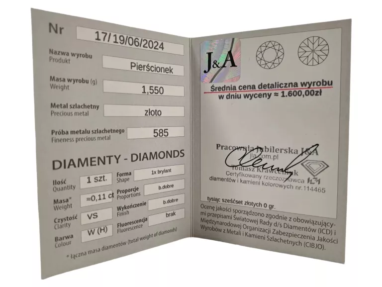 ZŁOTY PIERŚCIONEK Z DIAMENTEM 0.11CT 14K 585 1,55G R:12