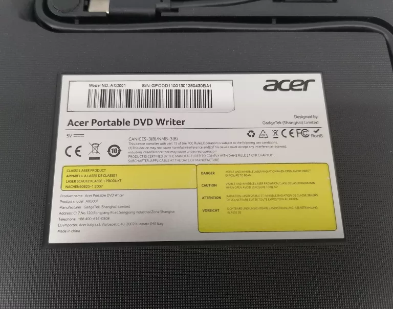 ZEWNĘTRZNY NAPĘD DVD ACER GP.ODD11.001 USB 3.0 BDB STAN!