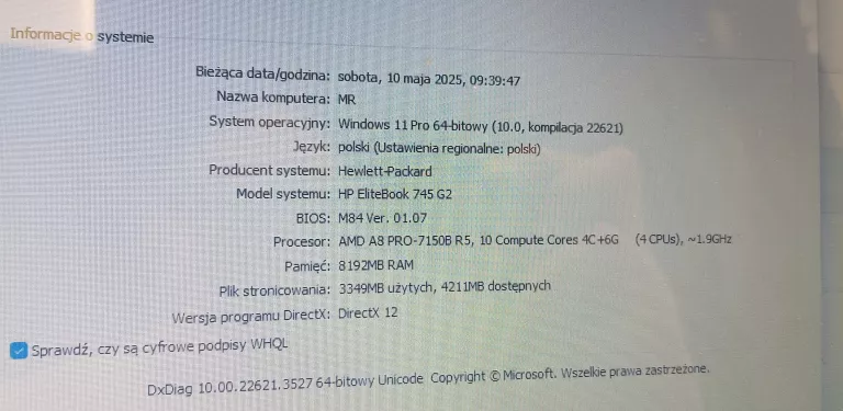 HP ELITEBOOK 745G2 AMD A8 PRO-7150B R5/8GB/268GB/WIN11PRO +ZASILACZ !OPIS!