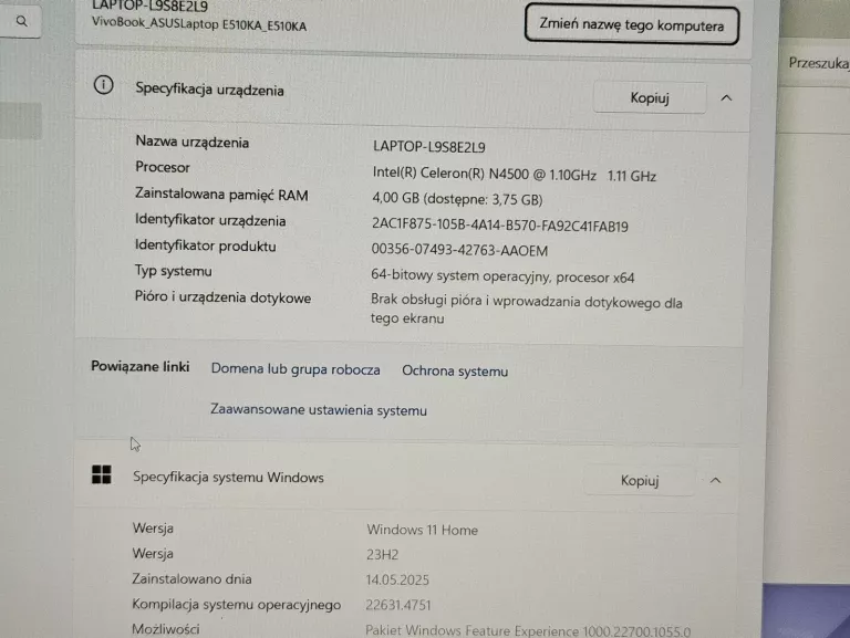 LAPTOP ASUS VIVOBOOK GO E510KA 15,6 INTEL CELERON 4/128 GB