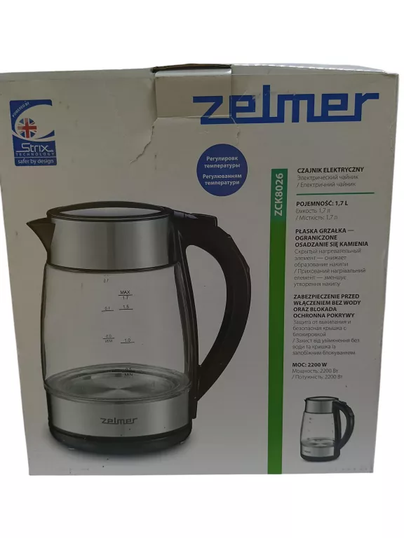 ZELMER CZAJNIK BEZPRZEWODOWY ZCK8026 2200W 1,7 L SZKŁO REGULACJA