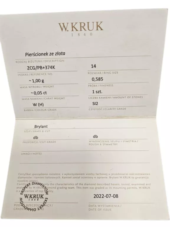 ŚLICZNY ZŁOTY PIERŚCIONEK Z BRYLANTEM + CERTYFIKAT 1,00G 585 R:14