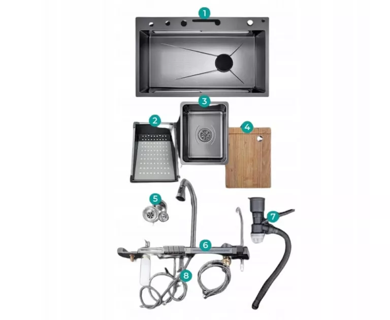 ZLEWOZMYWAK WIELOFUNKCYJNY 75X46, 2 WODOSPADY, LED, BOGATY ZESTAW - GRAFIT