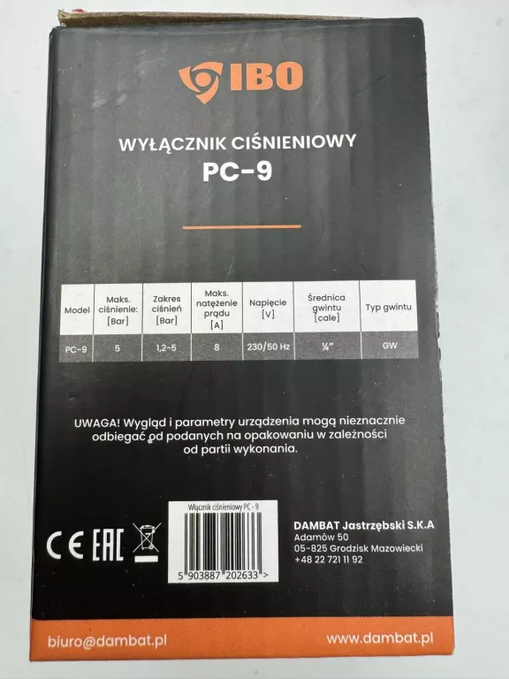 WŁĄCZNIK, WYŁĄCZNIK CIŚNIENIOWY POMPY 1/4 OMNIGENA